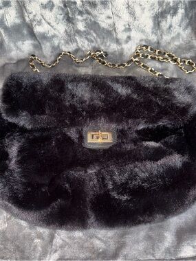 Expressions NYC Plush Black Faux Fur Crossbody Bag with Gold Chain